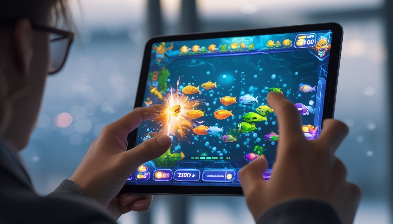 Seorang pemain sedang mengaktifkan power-up dalam permainan tembak ikan di layar sentuh dengan ikan-ikan berwarna-warni berenang di layar.