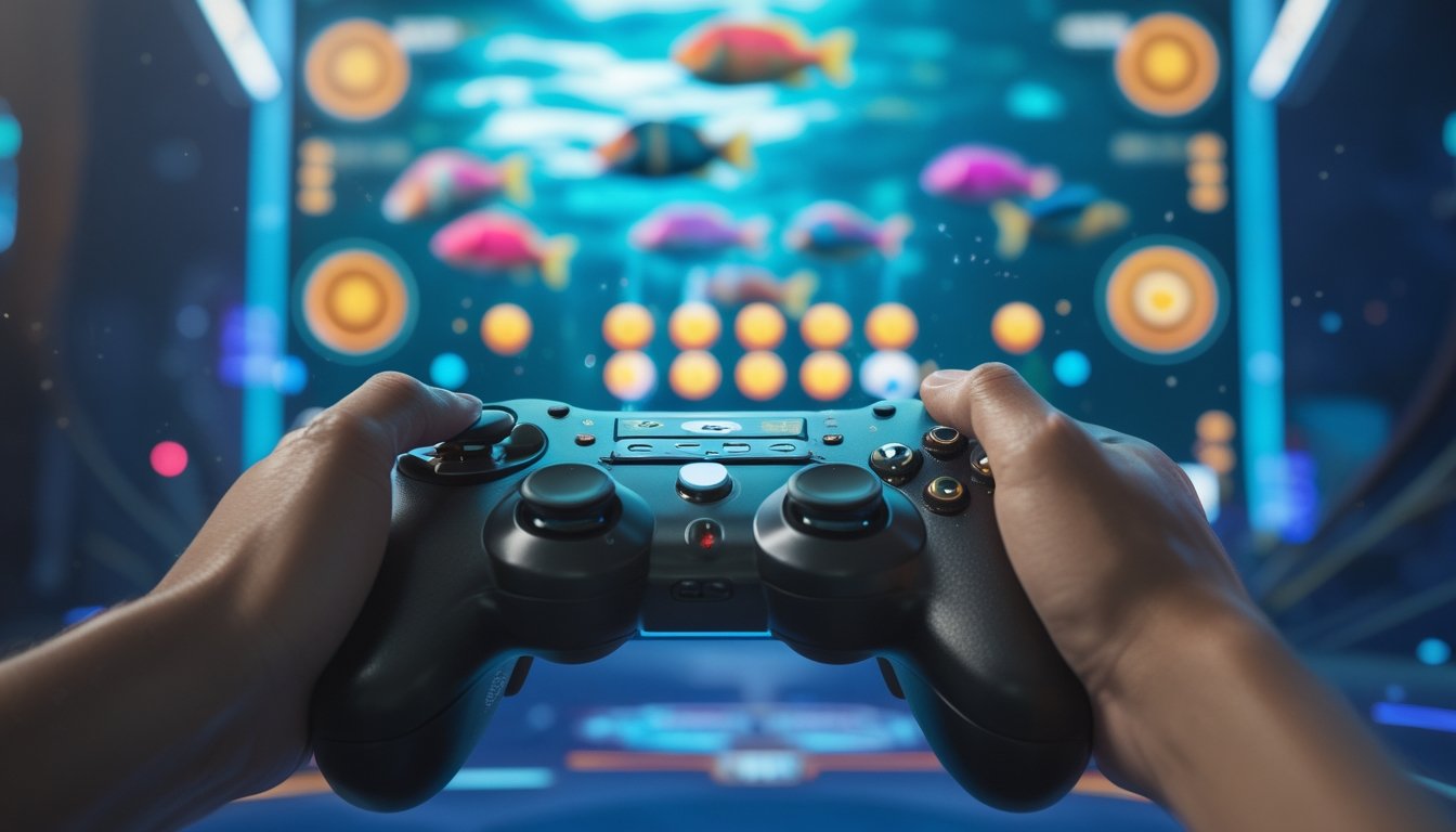 Tangan pemain yang siap mengaktifkan power-up dalam permainan tembak ikan dengan layar penuh ikan berwarna-warni dan ikon power-up yang menyala.