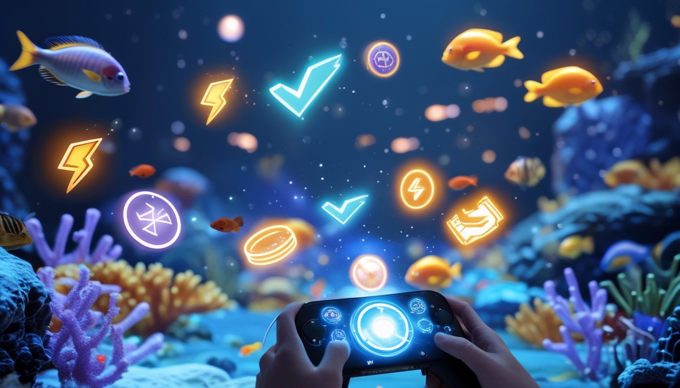 Gambar bawah laut dengan berbagai jenis power-up mengambang di sekitar ikan dan terumbu karang, serta tangan pemain yang memegang perangkat untuk bermain game tembak ikan.