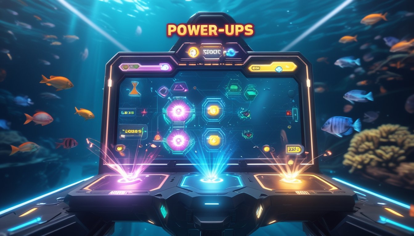 Pemandangan bawah laut dengan berbagai jenis ikan dan ikon power-up yang menyala di layar permainan tembak ikan.