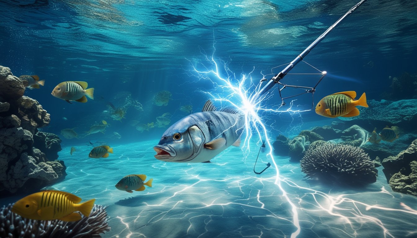 Adegan bawah air memperlihatkan teknik memancing dengan kekuatan petir menangkap ikan bernilai tinggi di dekat terumbu karang.