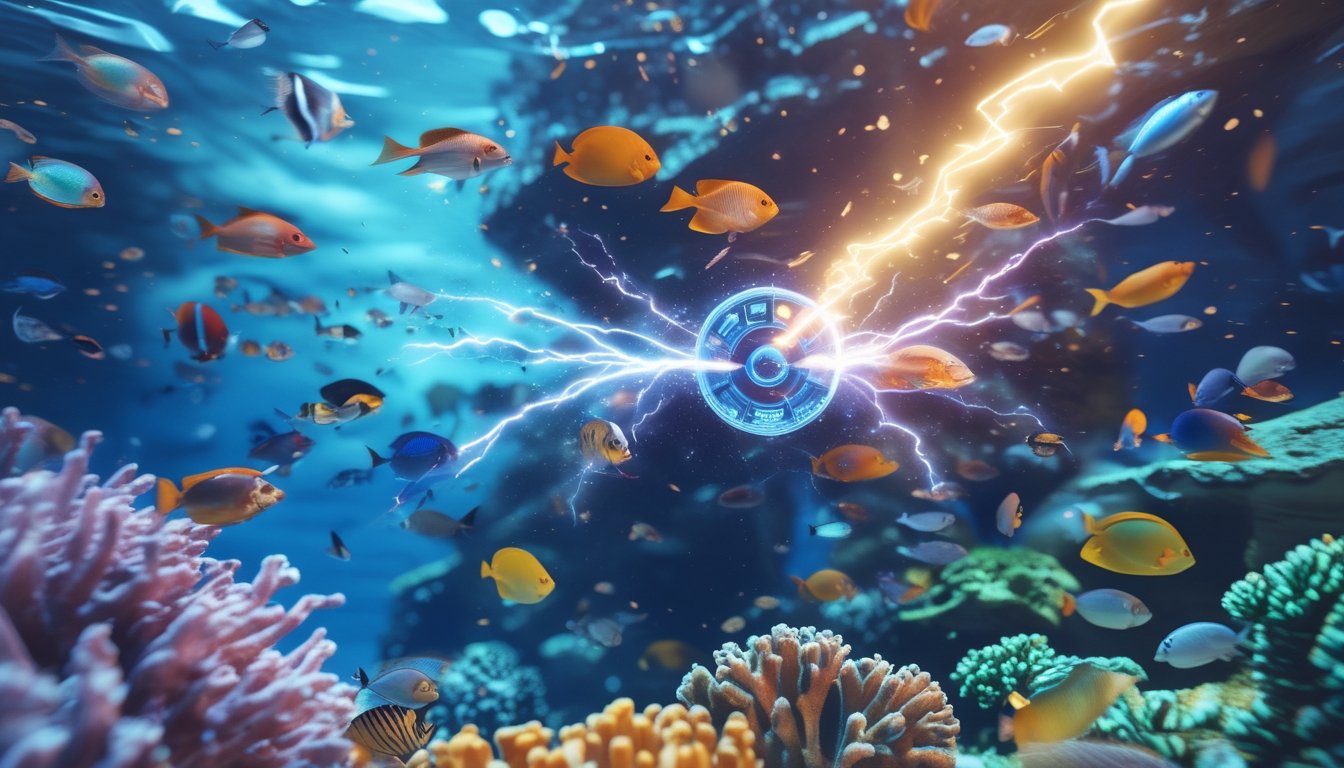 Adegan bawah laut dengan terumbu karang dan ikan warna-warni, menampilkan efek petir yang menyala di dalam air saat power-up digunakan dalam permainan menembak ikan.