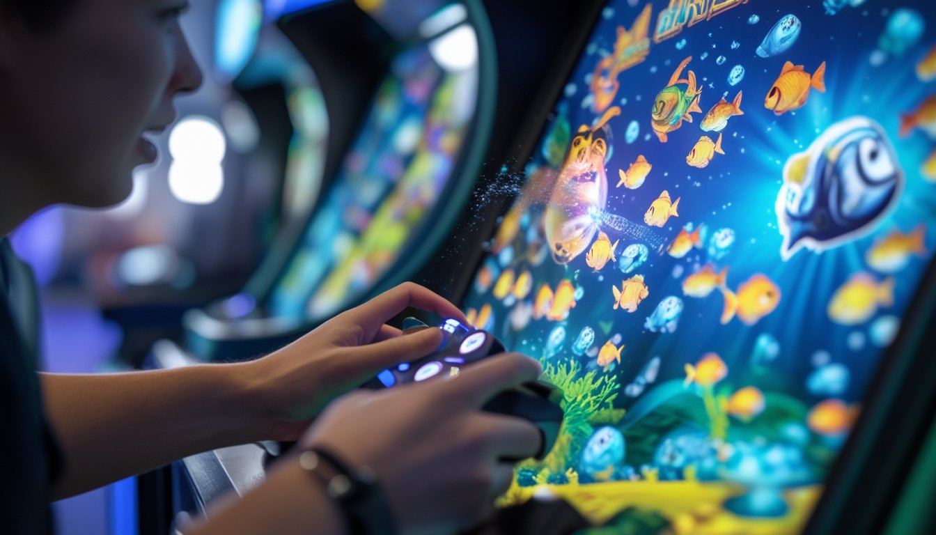 Seseorang sedang bermain game tembak ikan dengan fokus pada tangan yang mengoperasikan kontroler dan layar permainan yang menampilkan ikan berwarna-warni.
