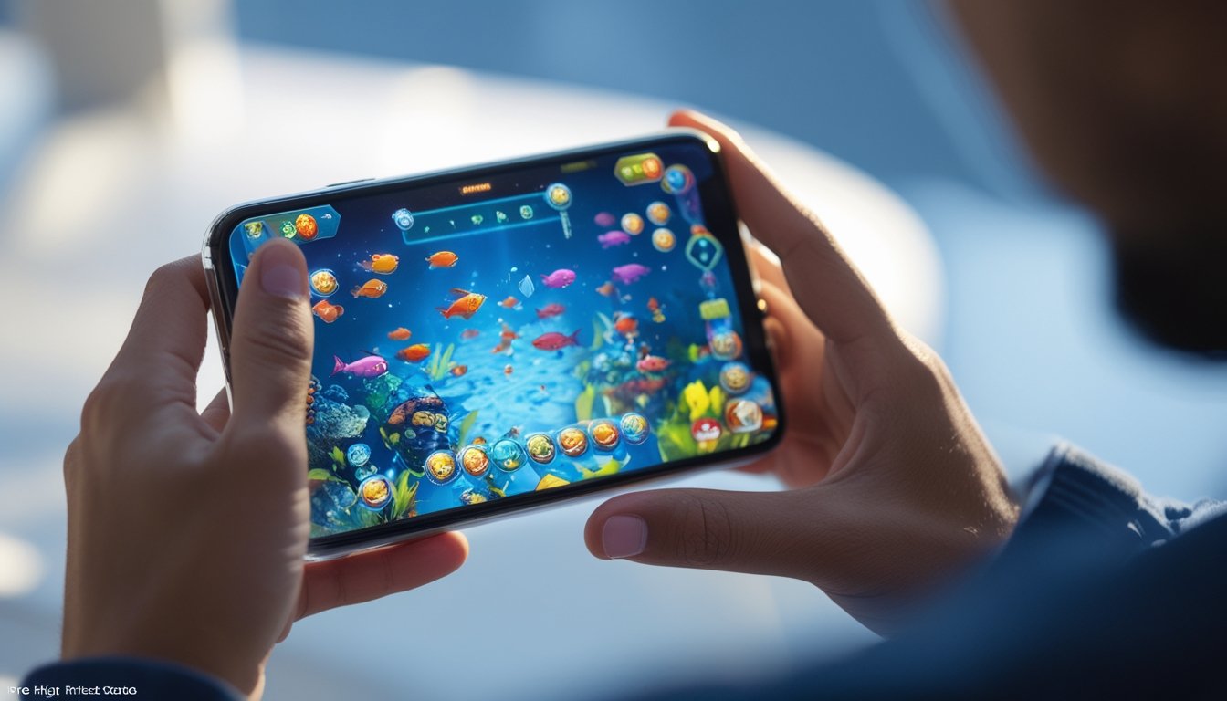 Seseorang sedang bermain game tembak ikan di ponsel dengan tampilan layar yang menunjukkan ikan warna-warni dan ikon power-up.
