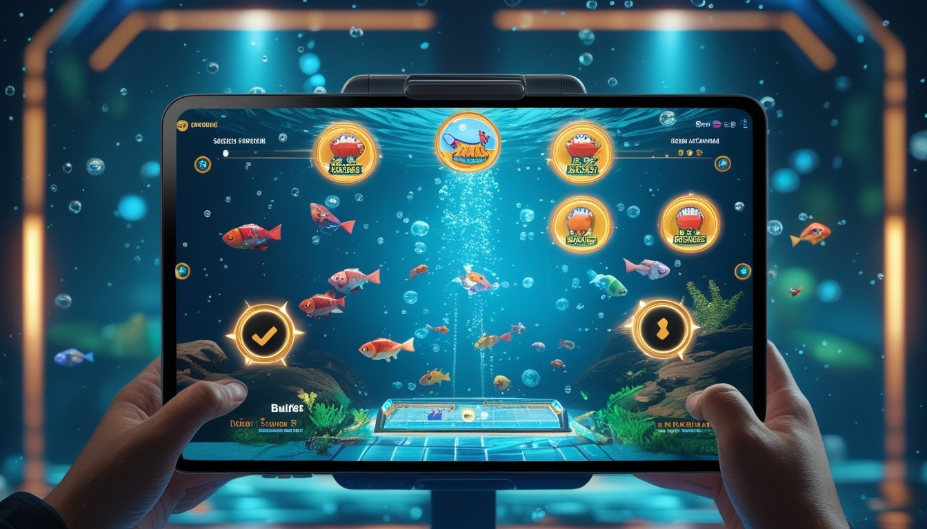 Tangan pemain sedang mengendalikan permainan menembak ikan di layar dengan ikan berwarna-warni dan ikon power-up khusus yang menyala.