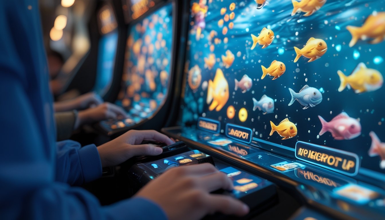 Tangan sedang memainkan permainan tembak ikan dengan layar penuh ikan warna-warni dan ikon power-up yang menyala.
