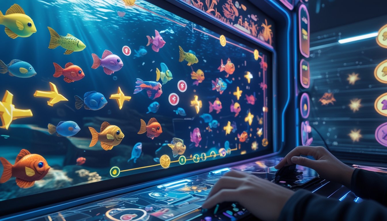 Tampilan layar permainan tembak ikan dengan berbagai ikan berwarna-warni dan ikon power-up yang bersinar, serta tangan pemain yang sedang mengoperasikan perangkat permainan.