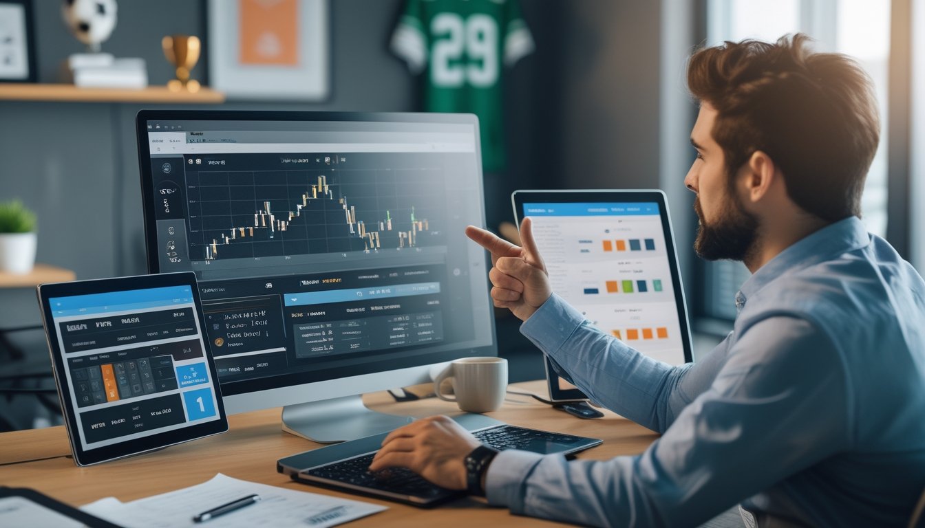 Seseorang sedang menganalisis statistik tim sepak bola di depan laptop dan tablet di sebuah kantor modern.