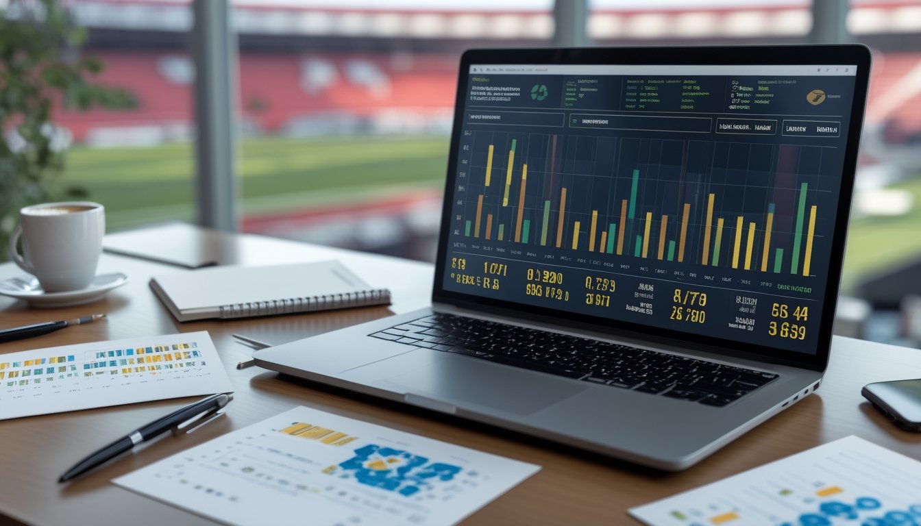 Seorang analis sedang bekerja dengan laptop yang menampilkan statistik sepak bola, dikelilingi oleh catatan dan grafik di meja kerja.