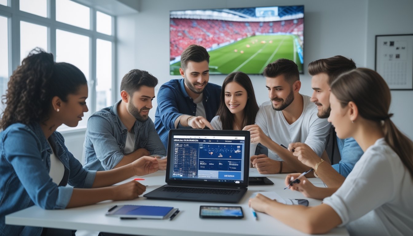 Sekelompok orang muda sedang belajar membaca peluang taruhan sepak bola menggunakan laptop dan catatan di sebuah ruangan terang.
