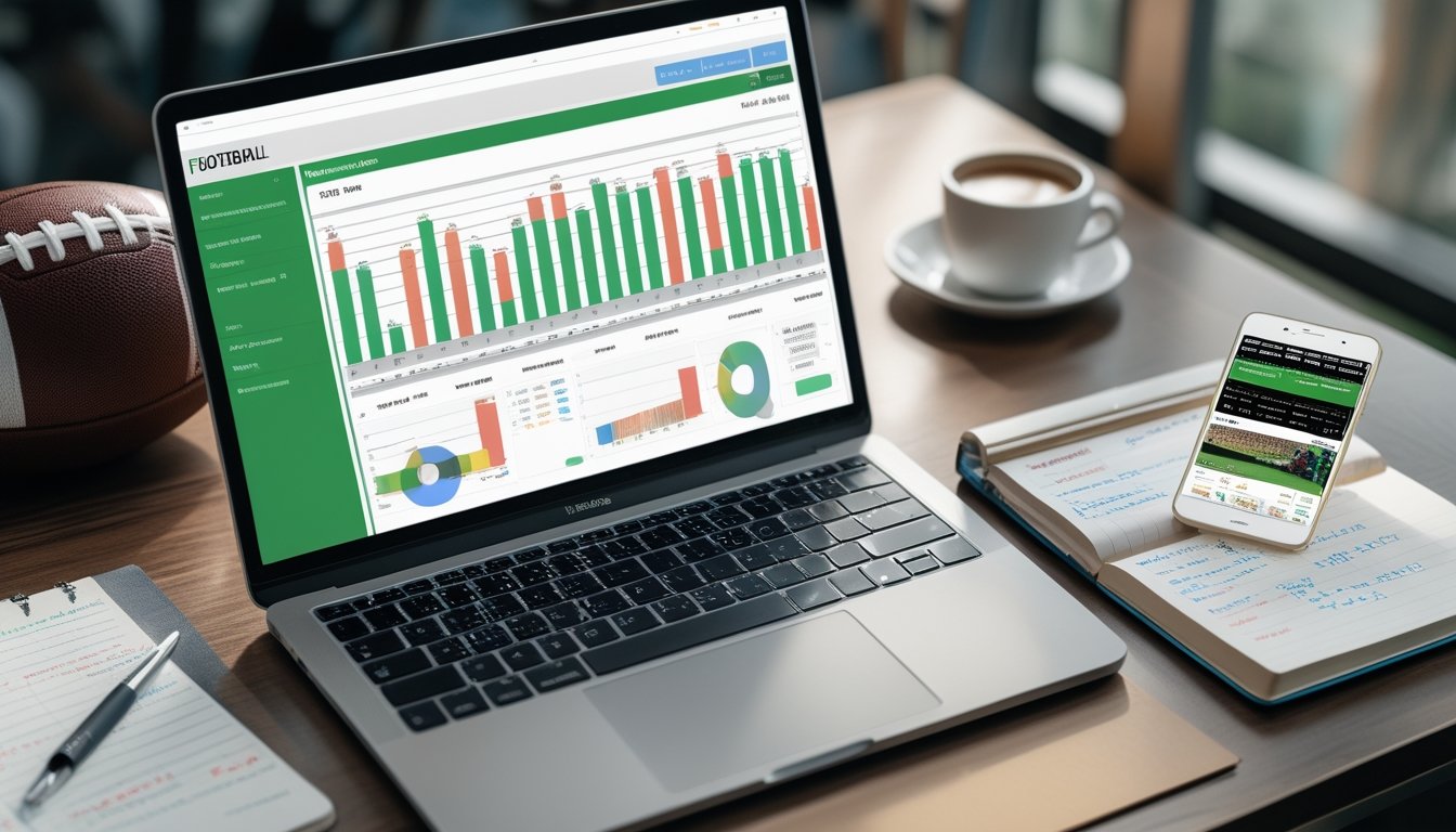 Meja kerja dengan laptop yang menampilkan grafik odds taruhan sepak bola, buku catatan, telepon pintar dengan pembaruan pertandingan sepak bola, bola sepak, dan cangkir kopi.