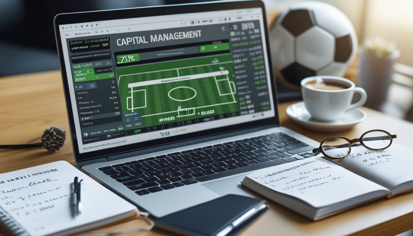 Meja kerja dengan laptop yang menampilkan statistik sepak bola, buku catatan dengan tulisan tangan, bola sepak, dan cangkir kopi.