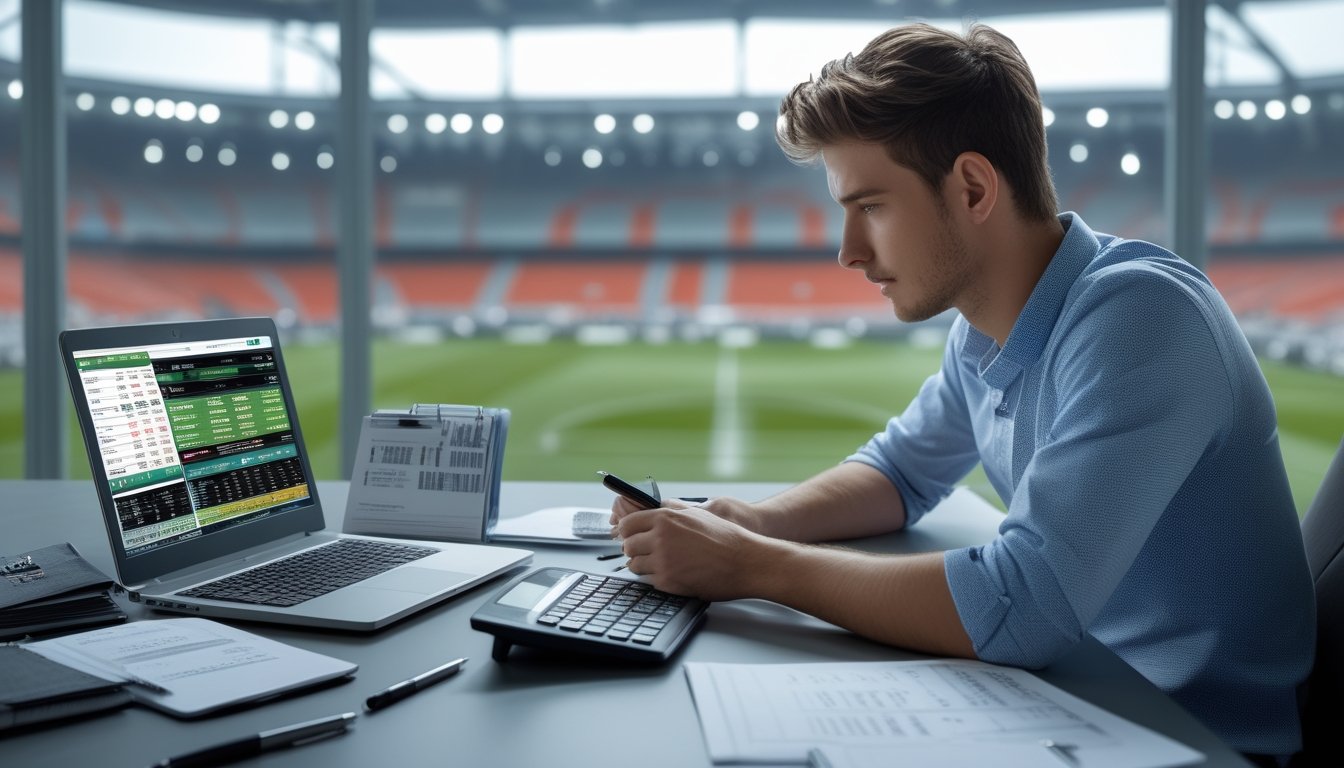 Seorang pria muda duduk di meja dengan laptop dan dokumen keuangan, fokus mengelola modal taruhan sepak bola.