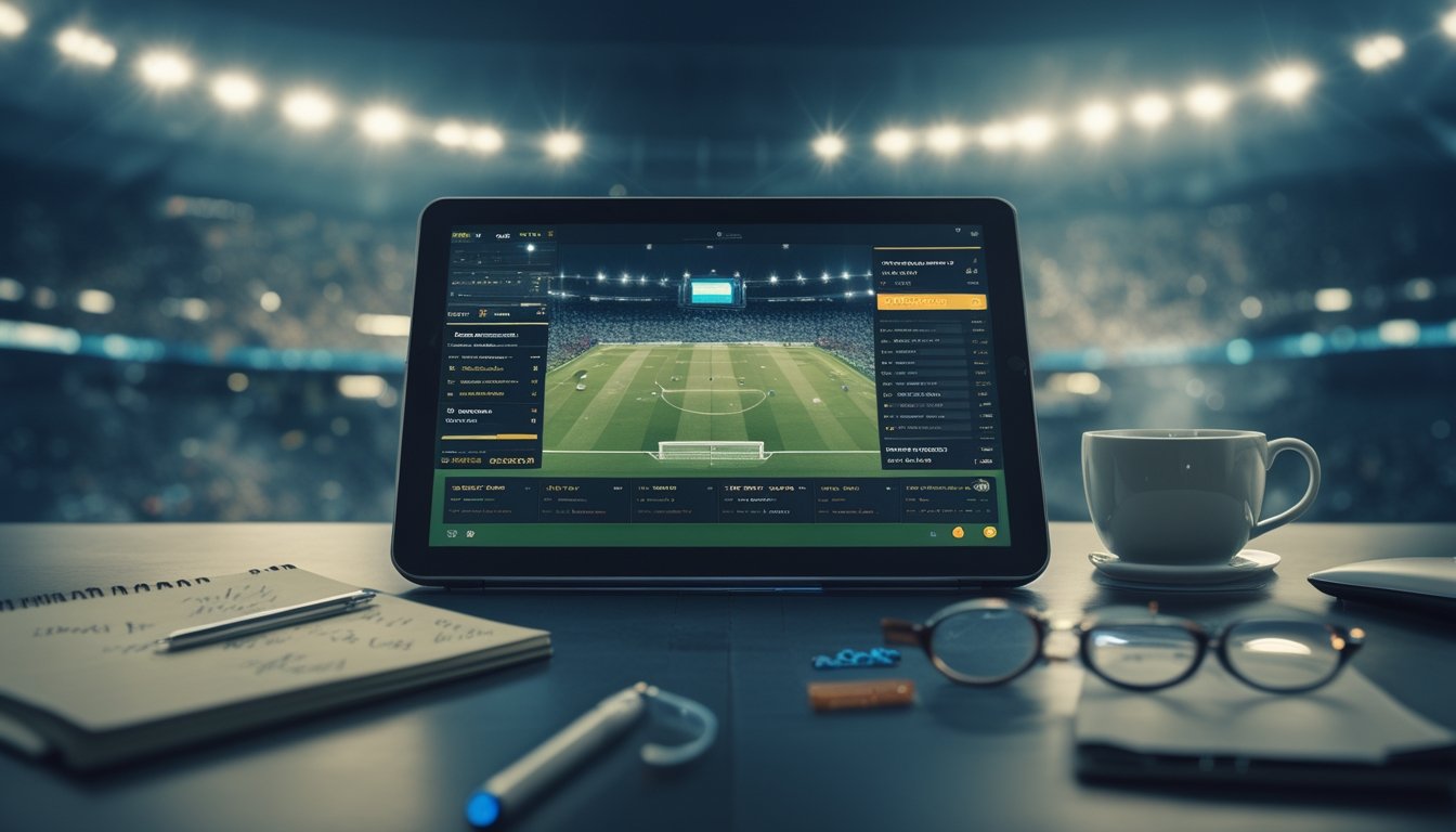 Sebuah tablet digital menampilkan statistik sepak bola Liga Eropa dikelilingi oleh catatan, pena, dan cangkir kopi di atas meja dengan latar belakang stadion sepak bola yang ramai.