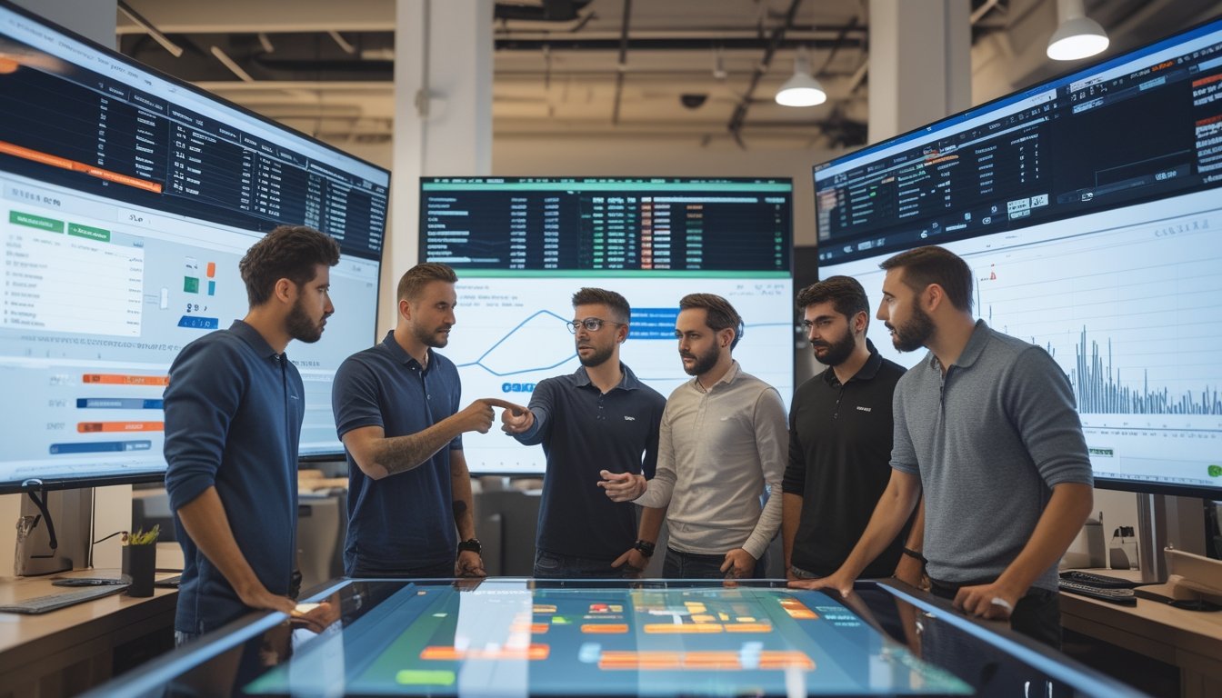Sekelompok analis dan pemain sepak bola sedang berdiskusi di sekitar meja touchscreen yang menampilkan statistik dan grafik terkait liga sepak bola Eropa.