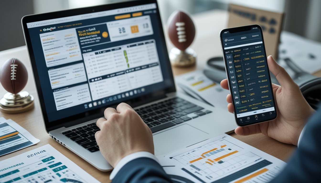 Seseorang sedang membandingkan peluang taruhan sepak bola di laptop dan ponsel dengan dokumen statistik di meja kerja.