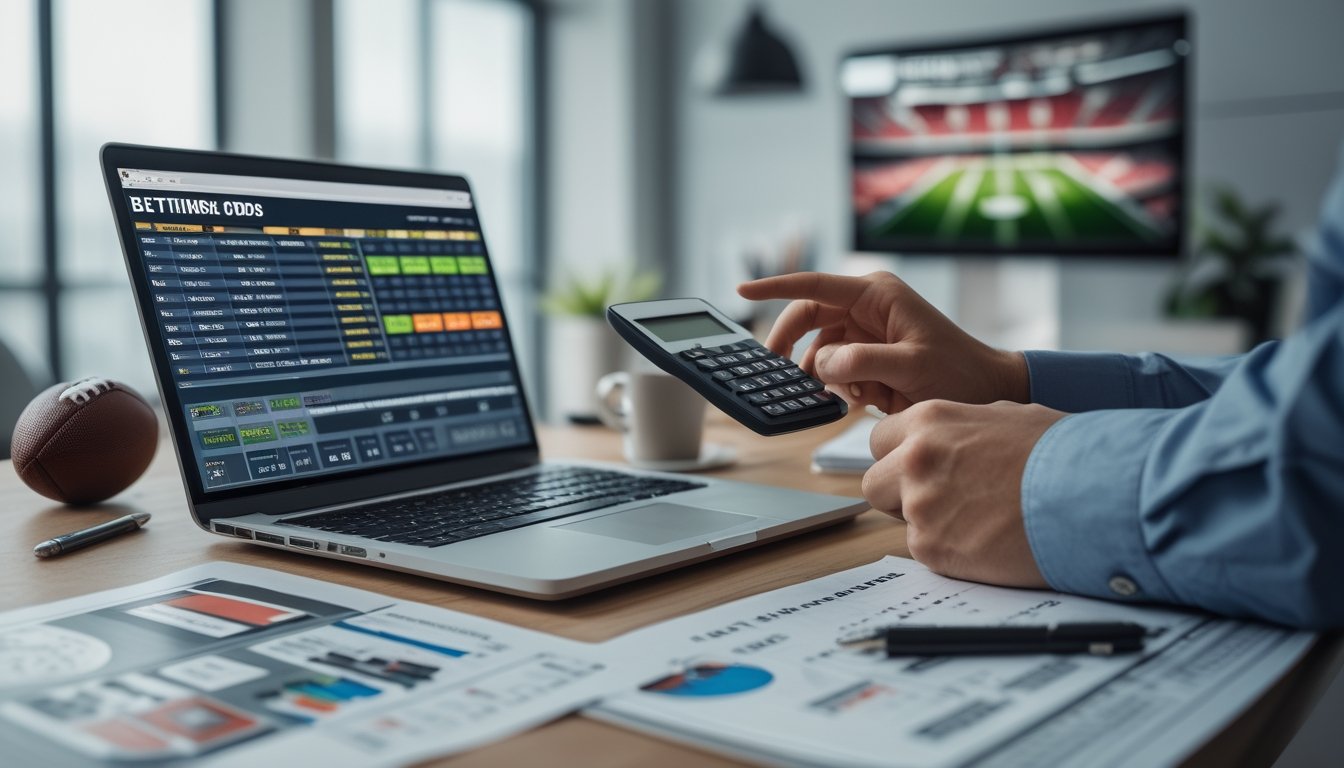 Seseorang sedang membandingkan data odds taruhan sepak bola di depan laptop dengan kertas dan kalkulator di meja kerja.