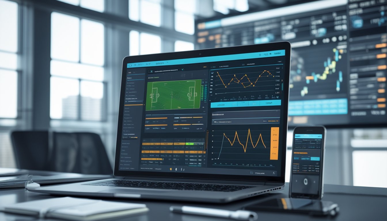 Sebuah ruang kerja modern dengan laptop yang menampilkan statistik sepak bola dan grafik perbandingan dua tim, disertai catatan dan ponsel dengan skor pertandingan langsung.
