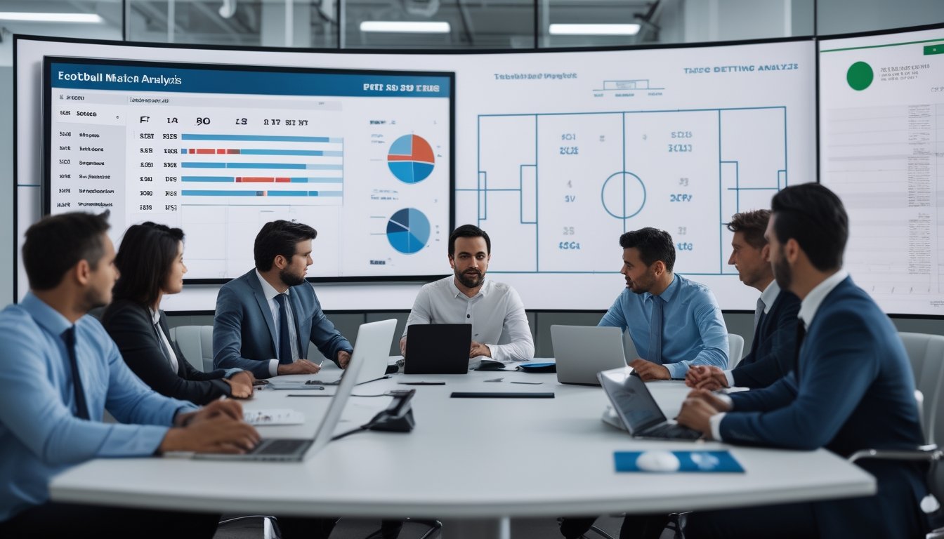 Sekelompok analis sedang berdiskusi di ruang kantor dengan layar komputer yang menampilkan statistik head-to-head dua tim sepak bola.