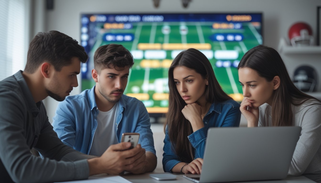 Beberapa orang sedang melihat layar dengan grafik taruhan sepak bola dan menampilkan ekspresi fokus dan frustrasi.
