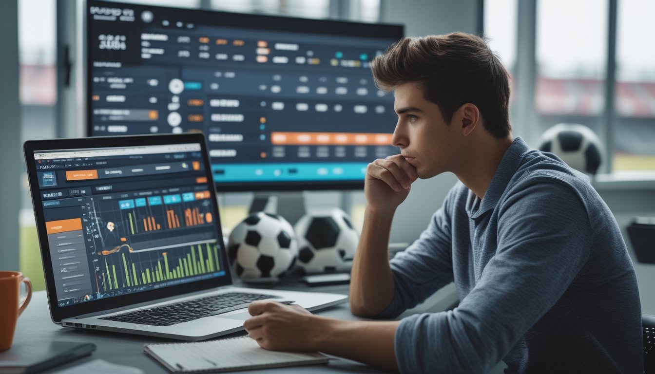 Seorang pria muda duduk di meja dengan laptop dan beberapa layar menampilkan data taruhan sepak bola, terlihat fokus dan mencatat dengan latar belakang kantor modern dan bola sepak di dekatnya.