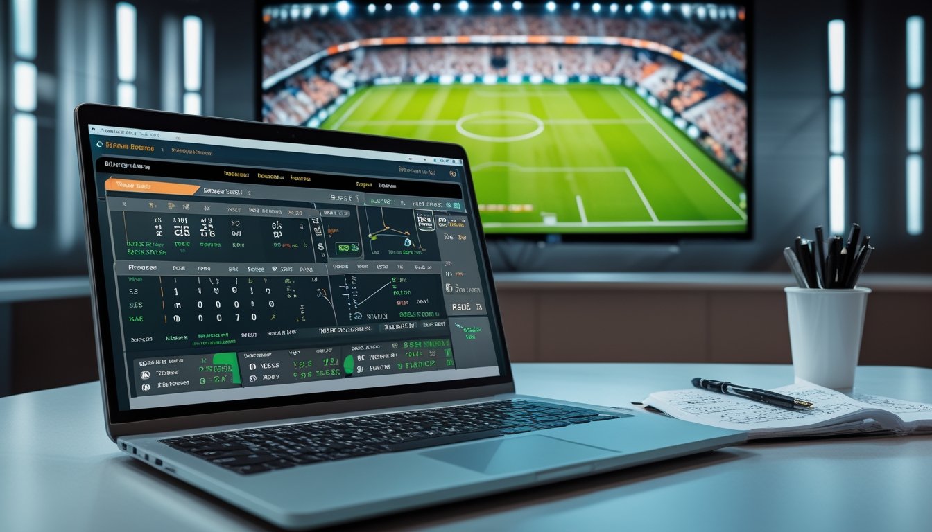 Seorang analis taruhan sepak bola sedang bekerja dengan laptop yang menampilkan statistik pertandingan dan layar besar yang menayangkan pertandingan sepak bola secara langsung.