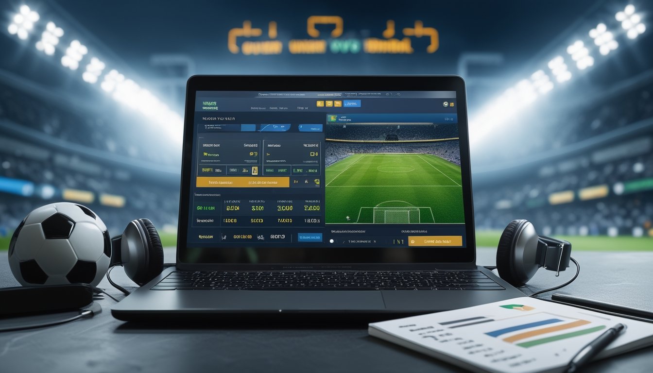 Meja kerja dengan laptop yang menampilkan pertandingan sepak bola dan antarmuka taruhan over under, bola sepak bola di sampingnya, dengan latar belakang stadion penuh penonton.