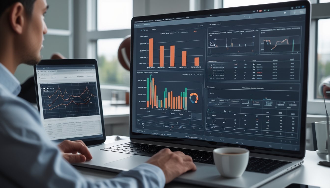 Seorang analis olahraga sedang bekerja di depan laptop dengan layar komputer yang menampilkan data performa pertandingan sepak bola kandang dan tandang.