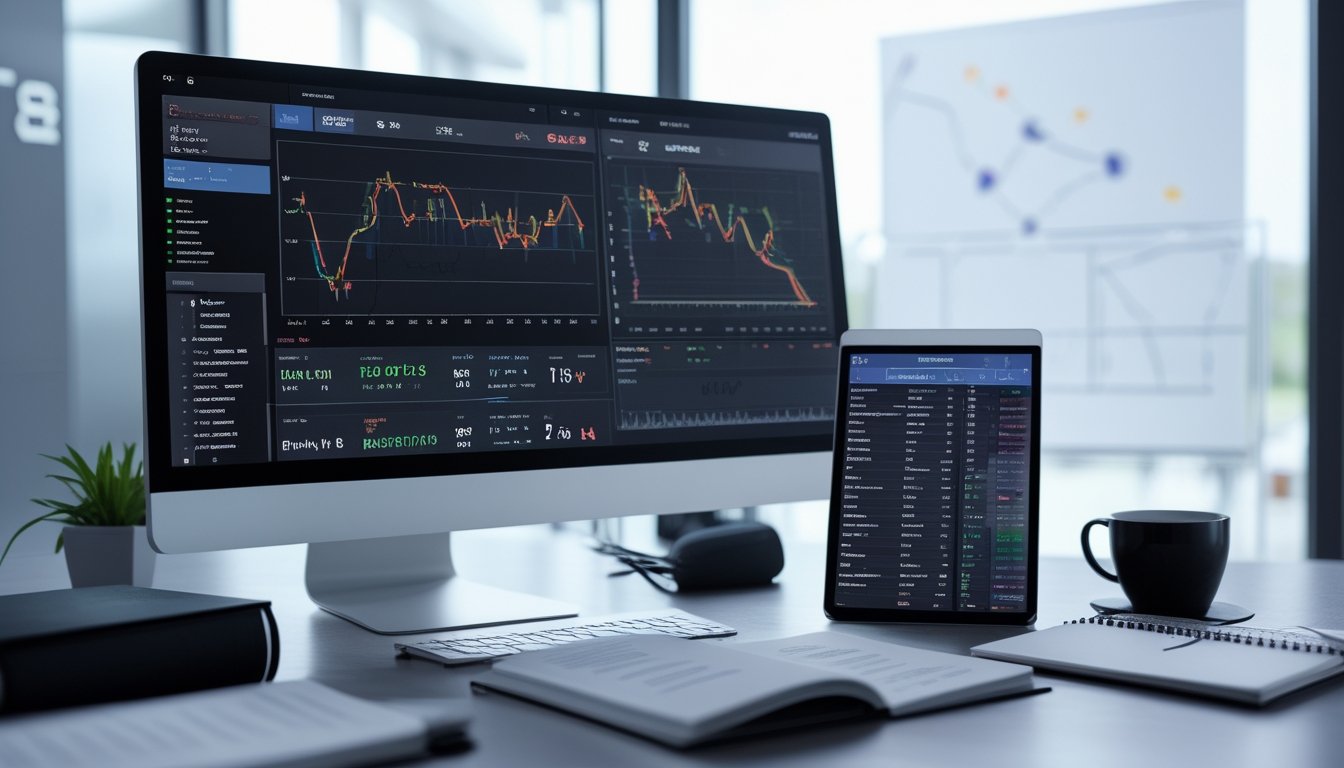 Sebuah ruang kerja modern dengan komputer menampilkan grafik data performa pertandingan sepak bola kandang dan tandang, dilengkapi dengan buku catatan, ponsel, dan papan strategi di latar belakang.