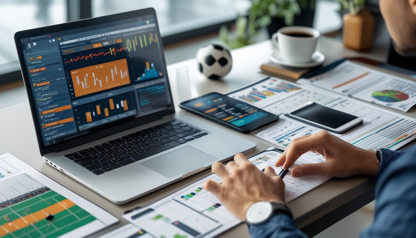 Sebuah meja kerja dengan laptop yang menampilkan data dan grafik pertandingan sepak bola, tangan seseorang sedang menganalisis data dengan pena dan buku catatan di dekatnya.