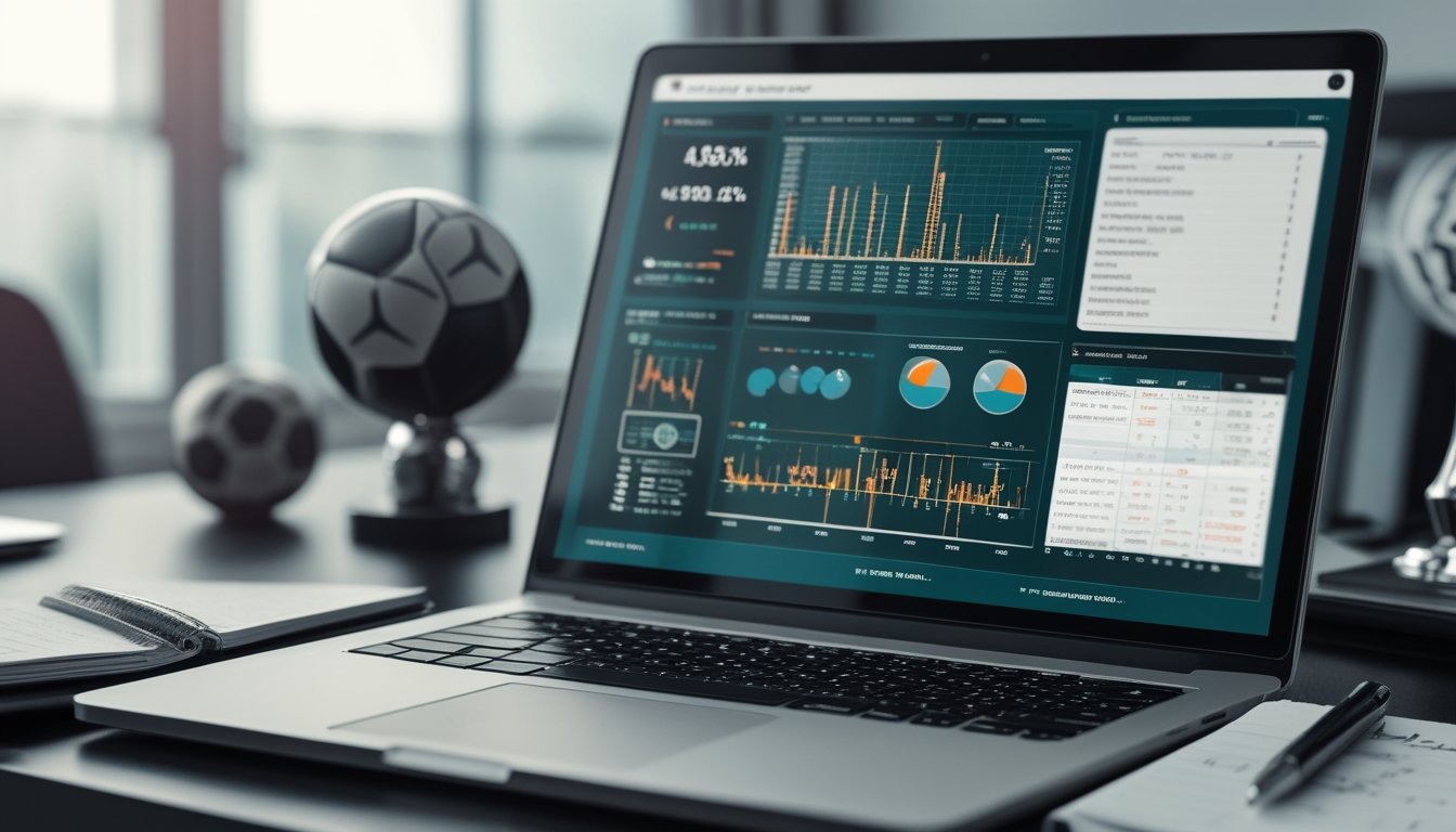 Seorang analis sedang bekerja dengan laptop yang menampilkan data statistik sepak bola dan grafik, dengan layar di latar belakang yang menunjukkan pertandingan sepak bola.