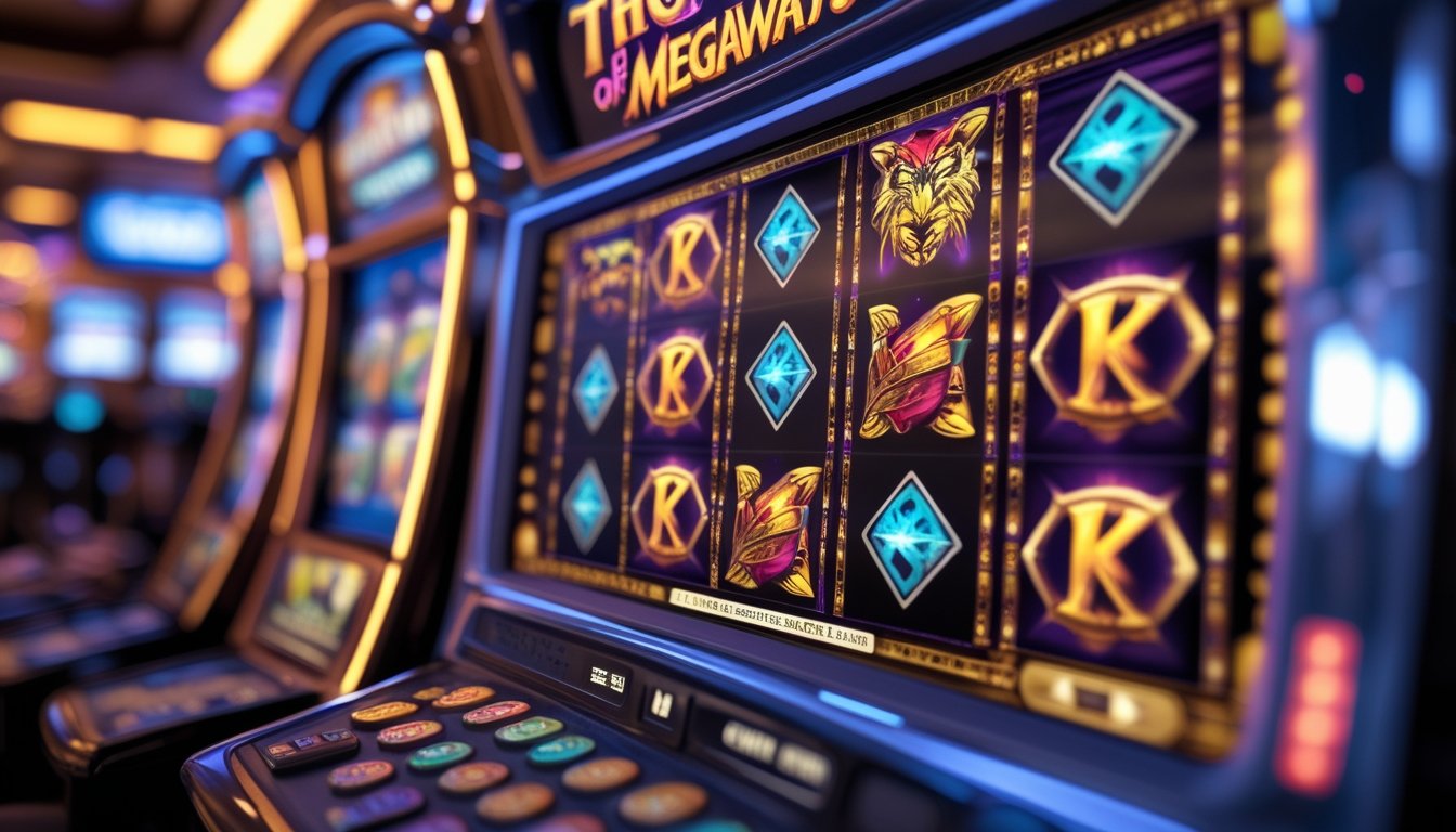 Mesin slot modern dengan simbol mitologi Norse seperti palu Thor dan petir, menampilkan gulungan berwarna-warni yang sedang berputar di lingkungan kasino yang ramai.