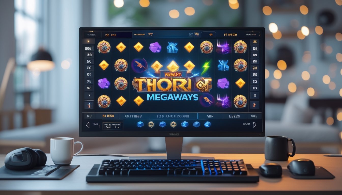 Sebuah meja kerja modern dengan monitor menampilkan permainan slot bertema mitologi Norse, dengan simbol palu Thor dan petir, dikelilingi perlengkapan gaming dan suasana ruangan yang terang.