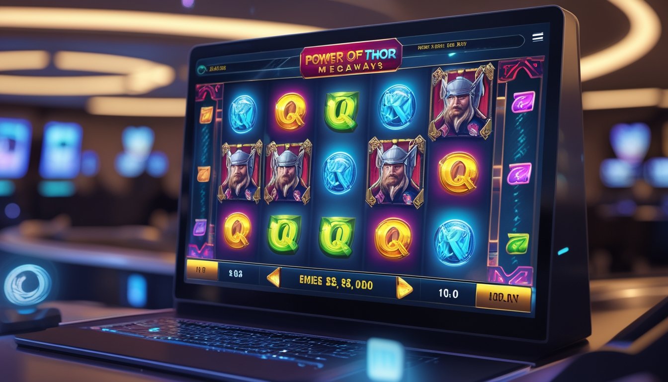 Layar perangkat menampilkan permainan slot dengan simbol palu Thor dan petir, di latar belakang suasana kasino modern.