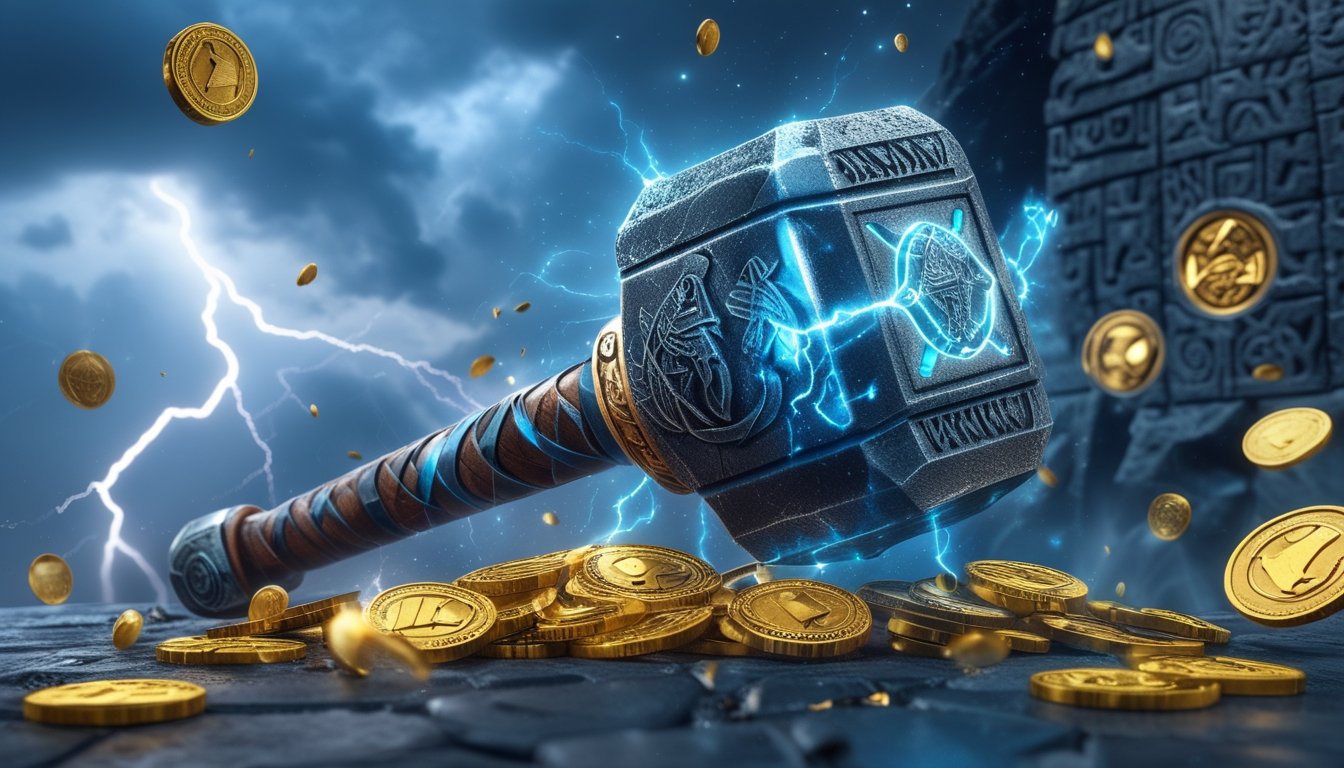 Gambar palu Thor yang berkilau dengan energi biru, dikelilingi koin emas dan simbol permainan slot seperti wild, scatter, dan free spins dengan latar awan badai dan petir.