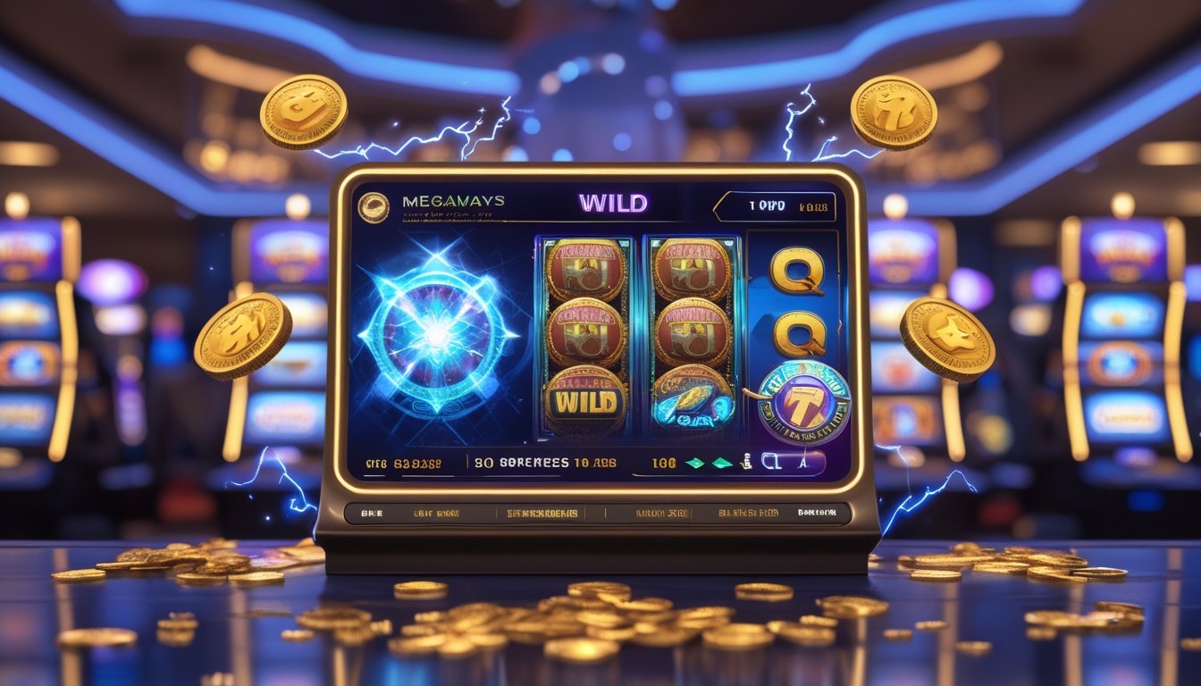 Layar mesin slot Power of Thor Megaways dengan simbol Wild yang bersinar dan efek petir di latar kasino.