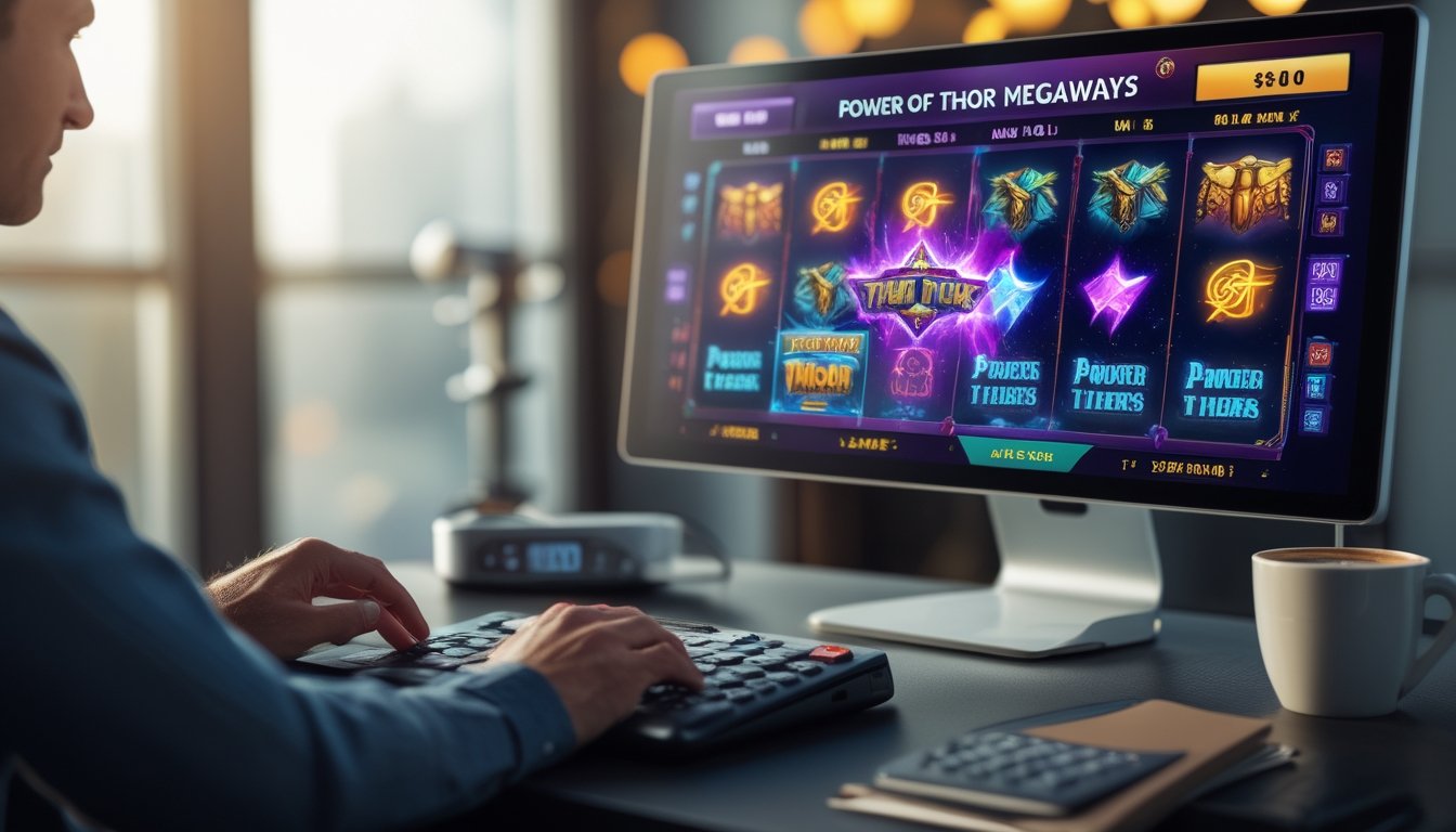 Seorang pemain sedang mengelola modal dengan catatan dan kalkulator di depan layar mesin slot bertema Power of Thor Megaways.