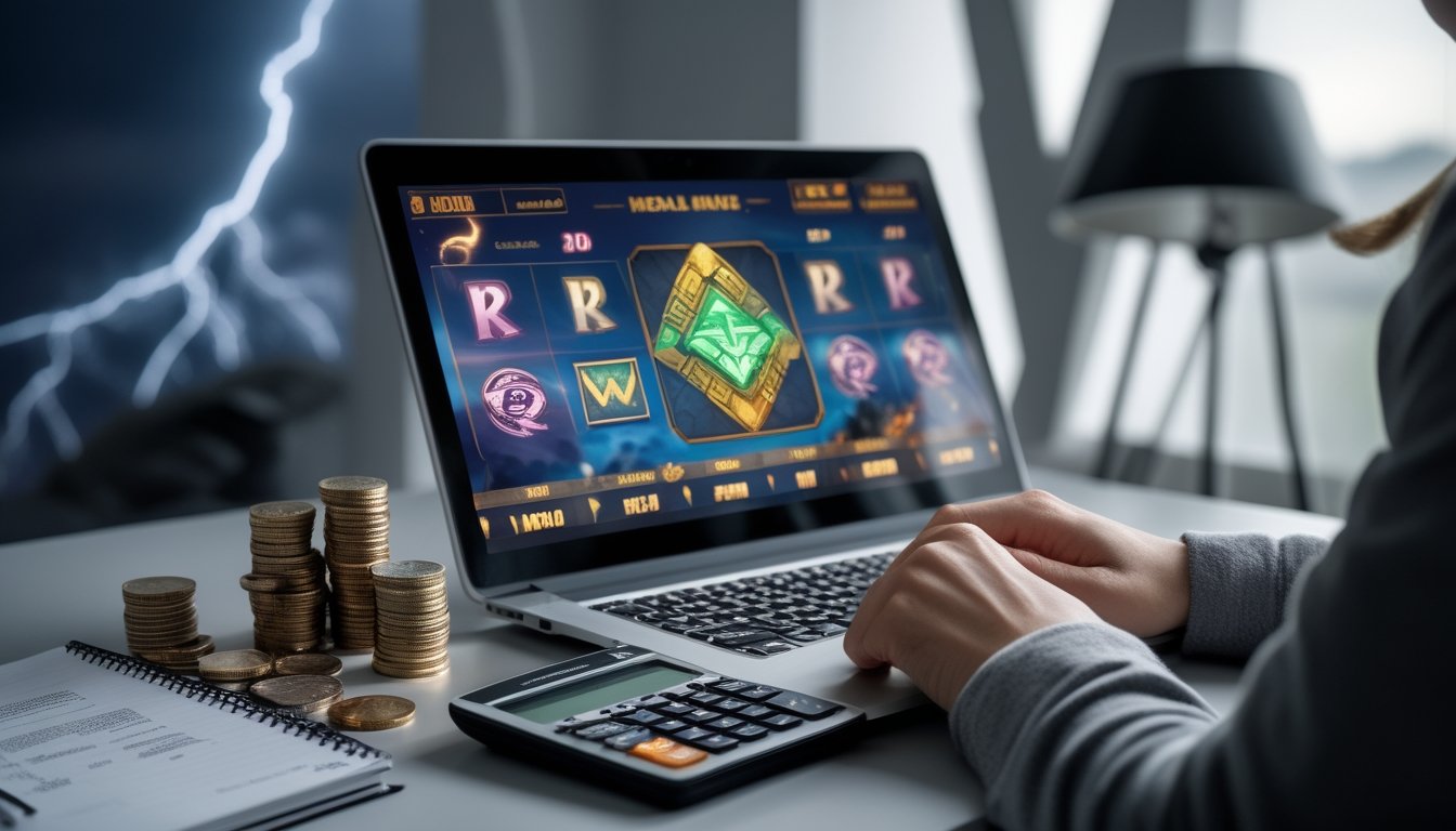 Seseorang sedang mengatur keuangan sambil bermain permainan slot bertema Thor di laptop dengan alat tulis dan uang di meja.