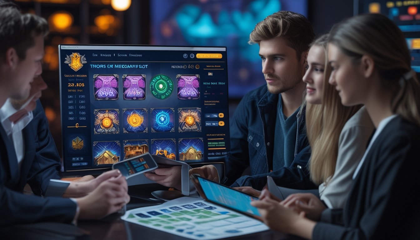 Beberapa pemain muda sedang menganalisis permainan slot Power of Thor Megaways di lingkungan gaming yang nyaman.