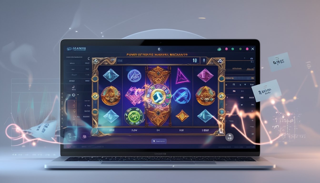 Seorang pemain baru sedang melihat layar komputer dengan permainan slot bertema mitologi Norse, dikelilingi oleh grafik dan simbol yang menunjukkan analisis volatilitas dan RTP.