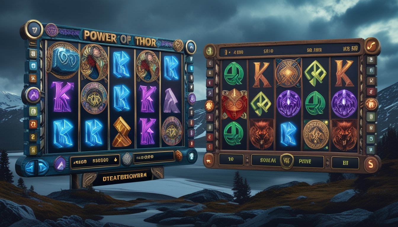 Dua mesin slot bertema mitologi Nordik yang menampilkan simbol seperti palu Thor, petir, helm Viking, dan makhluk mitos dengan latar belakang pegunungan bersalju dan hutan pinus.