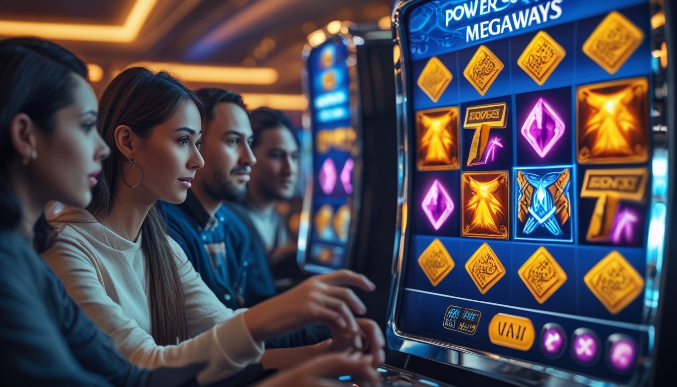 Orang-orang yang sedang bermain mesin slot Power of Thor Megaways dengan ekspresi fokus dan antusias di suasana kasino.