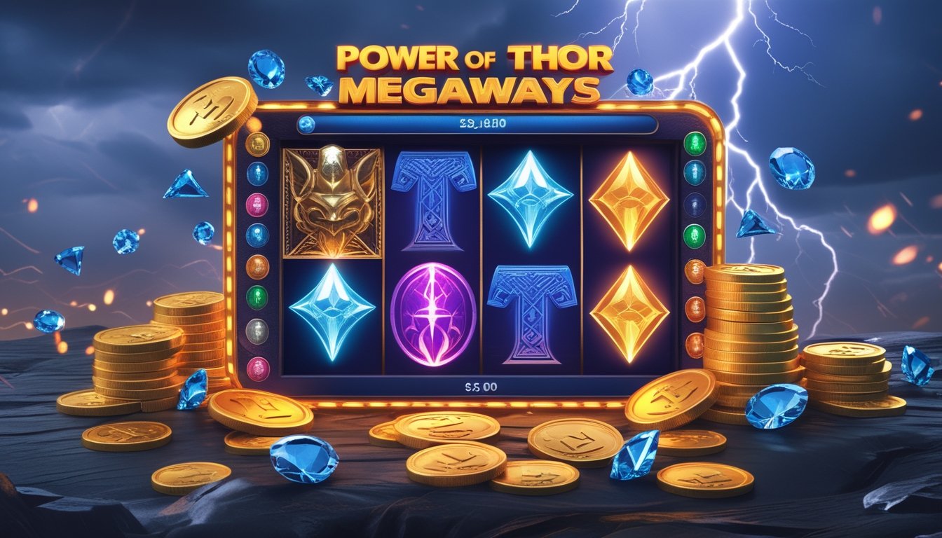 Mesin slot dengan simbol petir dan palu Thor, dikelilingi koin emas dan latar langit badai dengan kilat.