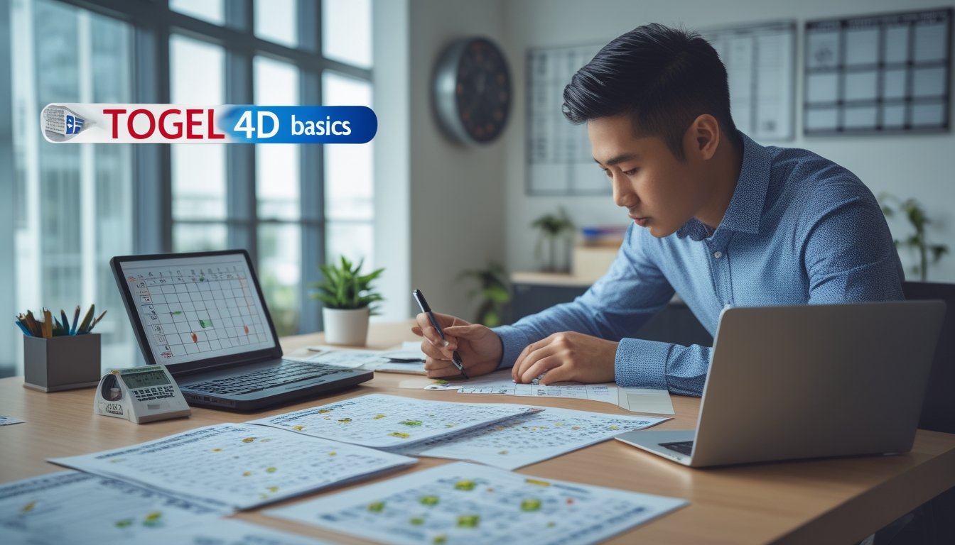 Seseorang sedang menganalisis tiket lotere dan grafik di meja kerja dengan kalkulator dan catatan di kantor modern.