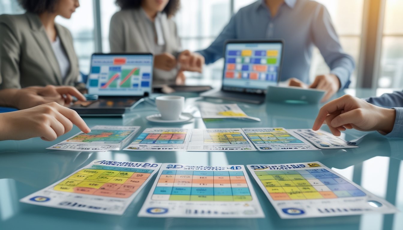 Beberapa orang sedang duduk di meja kerja dengan tiket lotre berwarna-warni dan perangkat digital, menunjuk dan membahas data lotre bersama.
