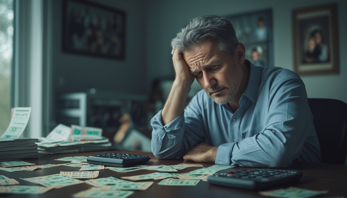 Seorang pria duduk di meja dengan ekspresi cemas, dikelilingi tiket lotre dan tagihan, menunjukkan beban finansial dan psikologis akibat kebiasaan bermain togel.