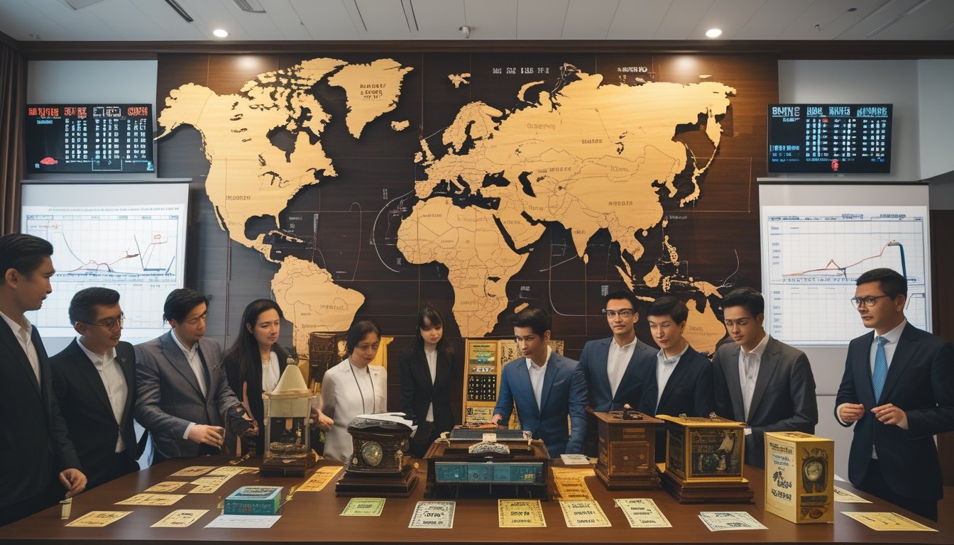 Sekelompok orang dari berbagai negara sedang berdiskusi di ruang konferensi dengan peta dunia dan benda-benda terkait permainan togel di sekitar mereka.