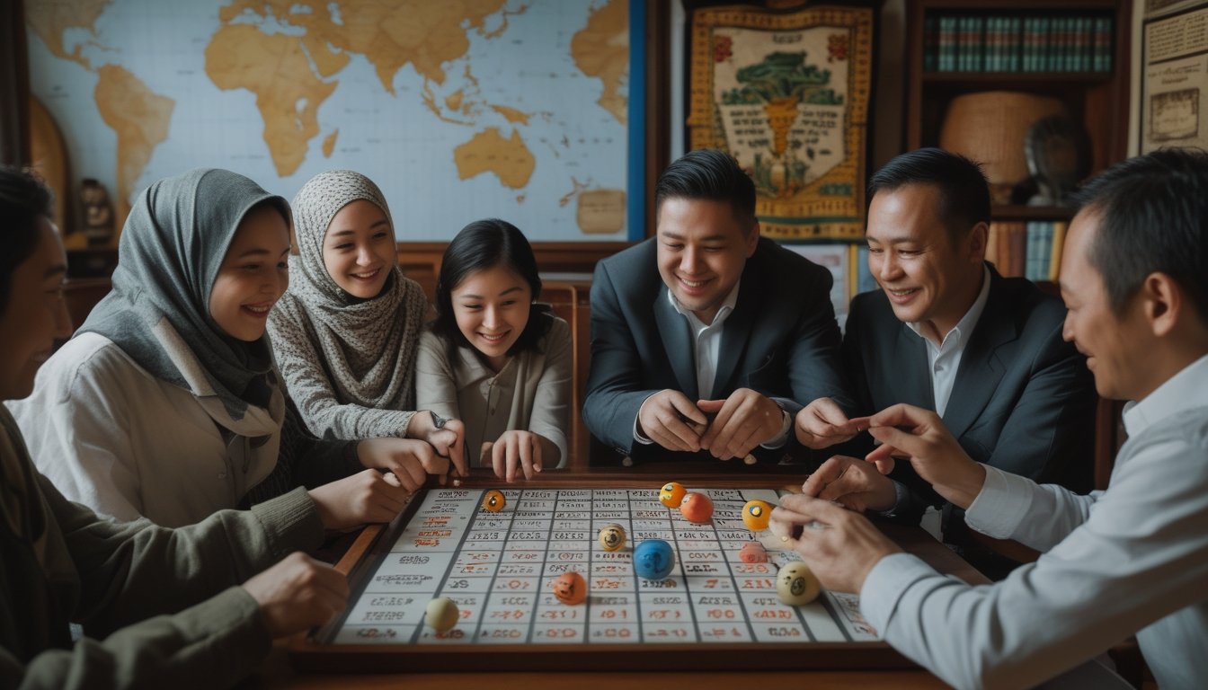Sekelompok orang dari berbagai latar belakang bermain permainan angka tradisional di meja kayu dengan peralatan lotere kuno dan dekorasi budaya dari berbagai negara.