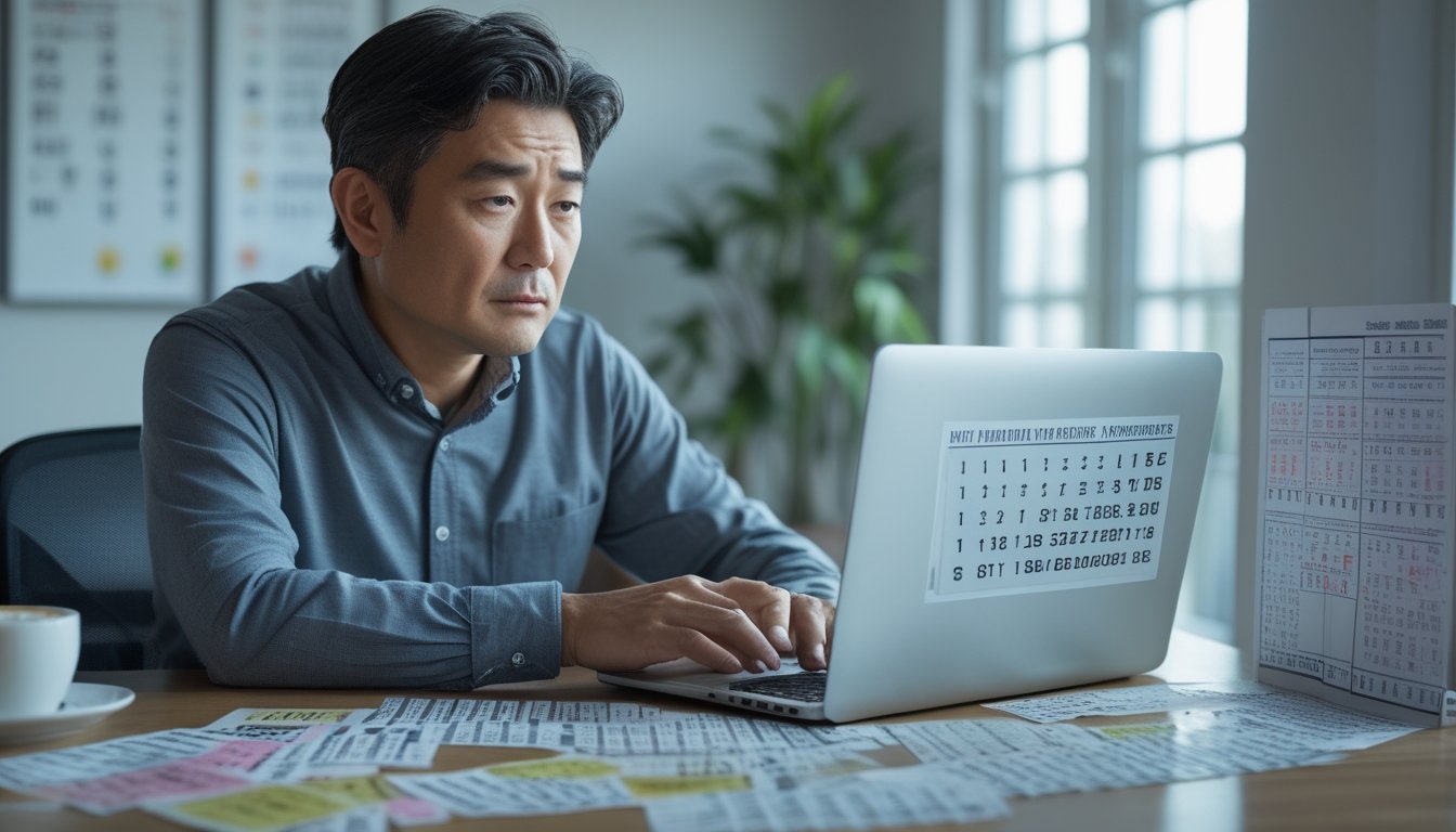 Seorang pria Asia duduk di meja dengan laptop dan tiket lotere, terlihat berpikir dan khawatir.