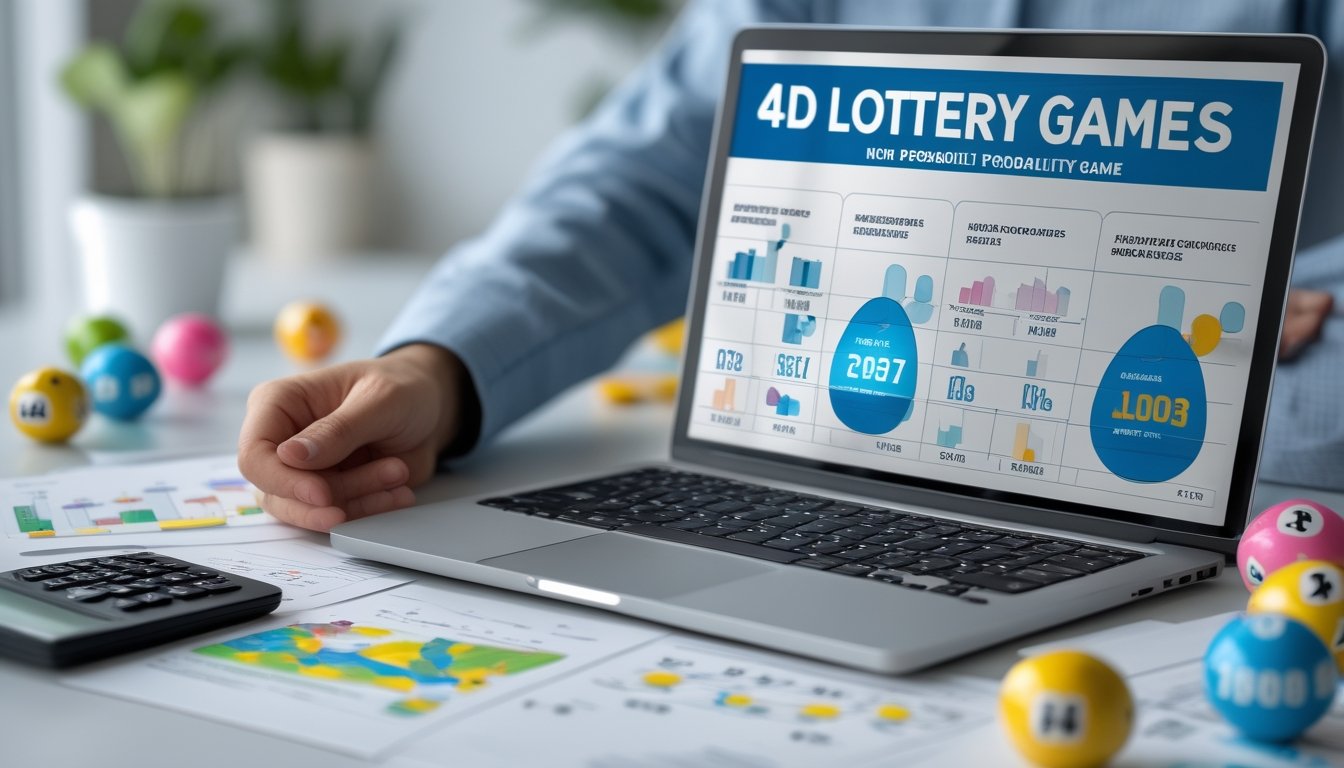 Meja kerja dengan laptop, bola togel bernomor, kalkulator, dan grafik statistik yang menunjukkan analisis peluang dalam permainan togel 4D.